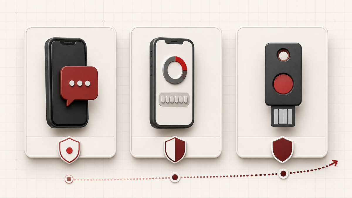 Security comparison progressing from SMS to authenticator code to hardware key